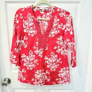Boden Floral 3/4 Sleeve 100% Linen Top Blouse Coral‎ White Boho Coastal Classic